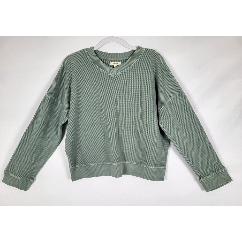 Madewell Waffle Knit V Neck Crop Sweater Size Large Sage Green 100% Cotton